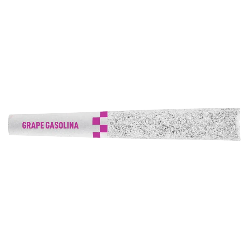 Horizontal close-up of a pre-rolled cone labeled "Grape Gasolina Infused PR 8 x 0.35 g" with magenta text and checker accents.