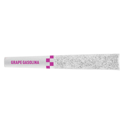 Horizontal close-up of a pre-rolled cone labeled "Grape Gasolina Infused PR 8 x 0.35 g" with magenta text and checker accents.