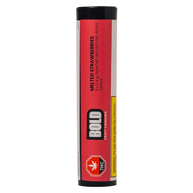 Tall front-facing tube of Melted Strawberries Diamond Infused PR 5 x 0.4 g with a red label, black cap, and bold logo visible against a white background