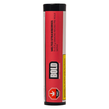 Tall front-facing tube of Melted Strawberries Diamond Infused PR 5 x 0.4 g with a red label, black cap, and bold logo visible against a white background