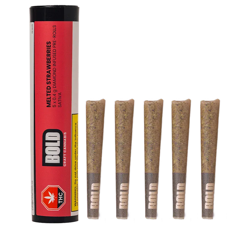 Front view of a tube and six cone pre-rolls arranged in a row on white, showing the red-labeled BOLD Melted Strawberries Diamond Infused PR 5 x 0.4 g tube and evenly spaced filled cones.