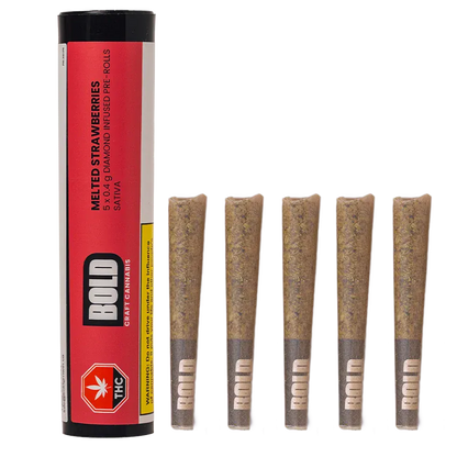 Front view of a tube and six cone pre-rolls arranged in a row on white, showing the red-labeled BOLD Melted Strawberries Diamond Infused PR 5 x 0.4 g tube and evenly spaced filled cones.