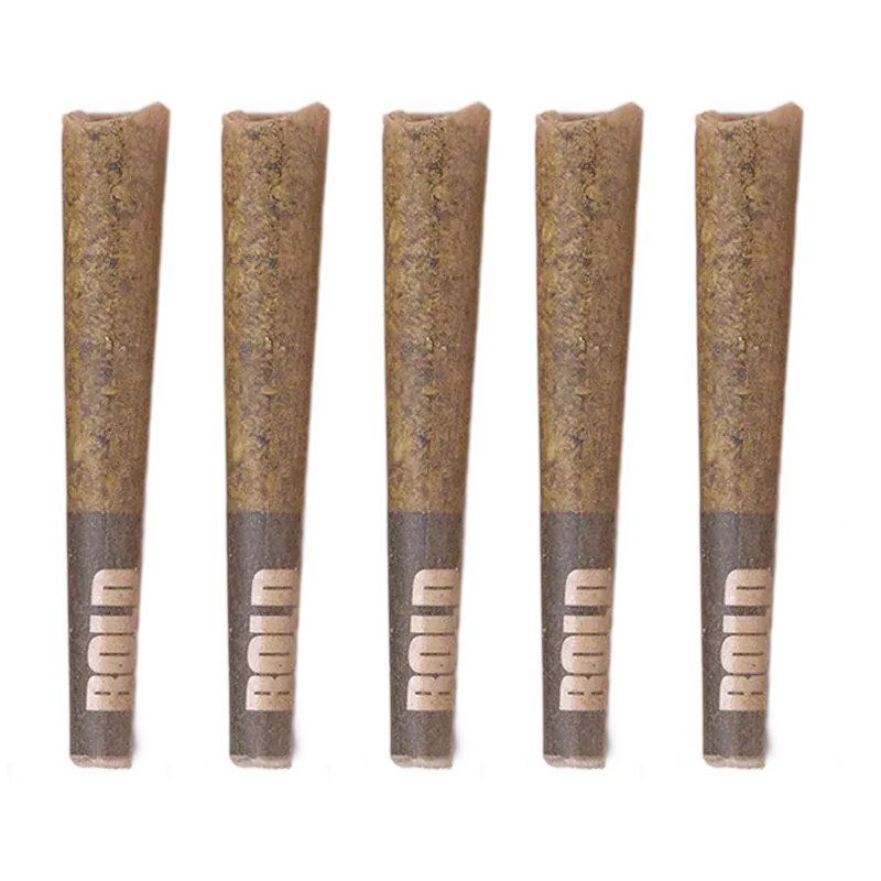 Top-down row of five cone-shaped pre-rolls labeled "Melted Strawberries Diamond Infused PR 5 x 0.4 g" with brown paper tips against a pale background