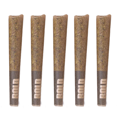 Top-down row of five cone-shaped pre-rolls labeled "Melted Strawberries Diamond Infused PR 5 x 0.4 g" with brown paper tips against a pale background