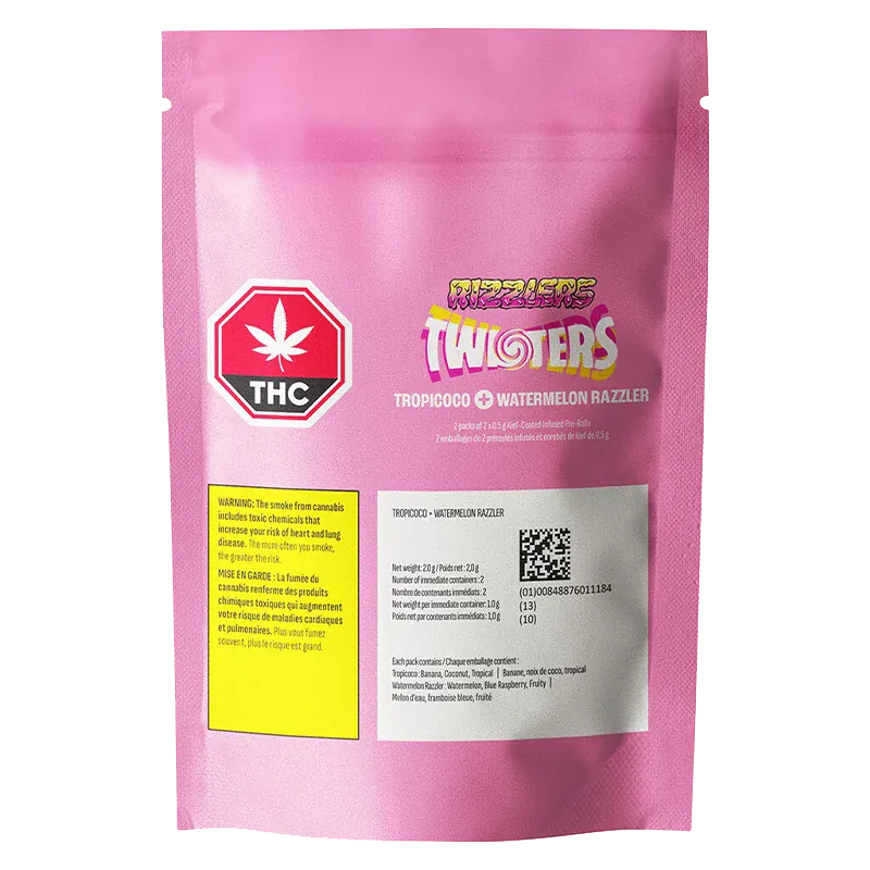 Front-facing shot of a pink pouch labeled Watermelon Razzler + Tropicoco Kief Coated Infused PR 4 x 0.5 g with THC symbol and warning panel.
