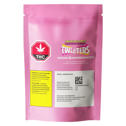 Front-facing shot of a pink pouch labeled Watermelon Razzler + Tropicoco Kief Coated Infused PR 4 x 0.5 g with THC symbol and warning panel.