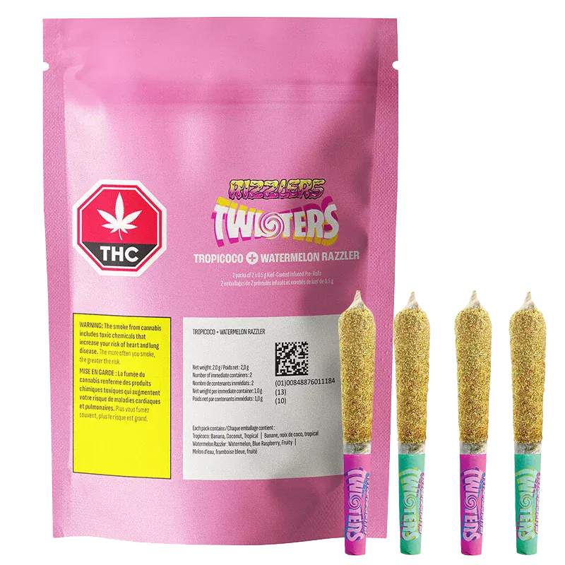 Front-facing shot of the pink Watermelon Razzler + Tropicoco Kief Coated Infused PR 4 x 0.5 g pouch with four glittery kief-coated pre-roll tips visible at right.