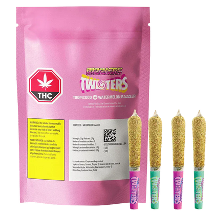 Front-facing shot of the pink Watermelon Razzler + Tropicoco Kief Coated Infused PR 4 x 0.5 g pouch with four glittery kief-coated pre-roll tips visible at right.