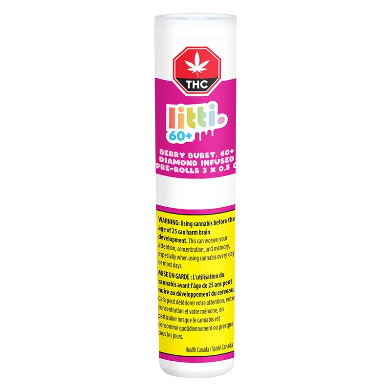 Tall front view of a white tube labeled "Berry Burst Diamond Infused PR 3 x 0.5 g" with bright pink branding and a yellow warning panel, showing the Littli logo and THC symbol.