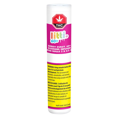 Tall front view of a white tube labeled "Berry Burst Diamond Infused PR 3 x 0.5 g" with bright pink branding and a yellow warning panel, showing the Littli logo and THC symbol.