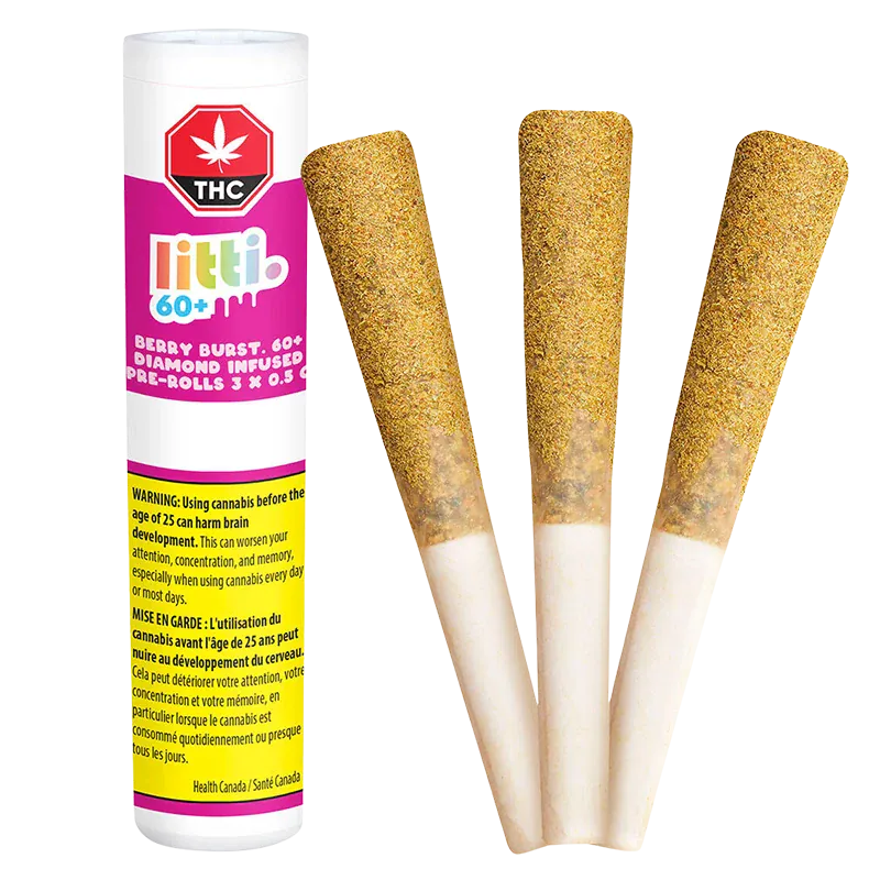 Three pre-rolls standing upright next to a white tube labeled "Berry Burst Diamond Infused PR 3 x 0.5 g," shown on a light background.