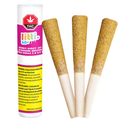 Three pre-rolls standing upright next to a white tube labeled "Berry Burst Diamond Infused PR 3 x 0.5 g," shown on a light background.