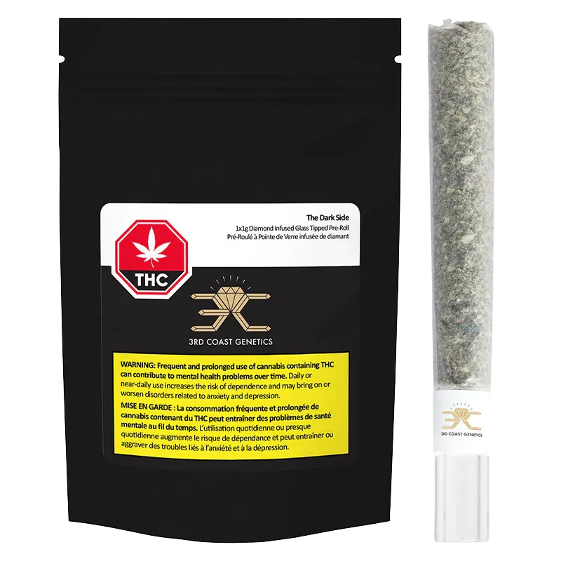 Black resealable pouch and a clear plastic tube with a 1 g pre-roll visible, shown front-on with the label reading The Dark Side Glass Tip Diamond Infused PR 1 x 1 g.