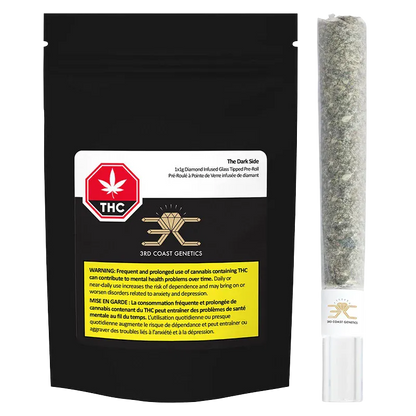 Black resealable pouch and a clear plastic tube with a 1 g pre-roll visible, shown front-on with the label reading The Dark Side Glass Tip Diamond Infused PR 1 x 1 g.
