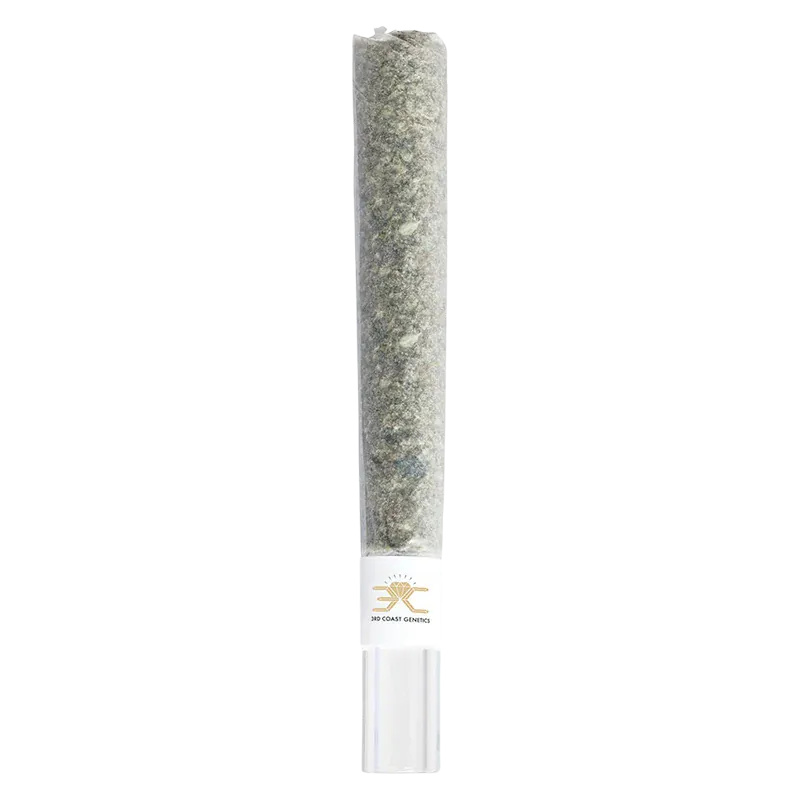 Tall, vertical close-up of The Dark Side Glass Tip Diamond Infused PR 1 x 1 g pre-roll in clear tube on a white background