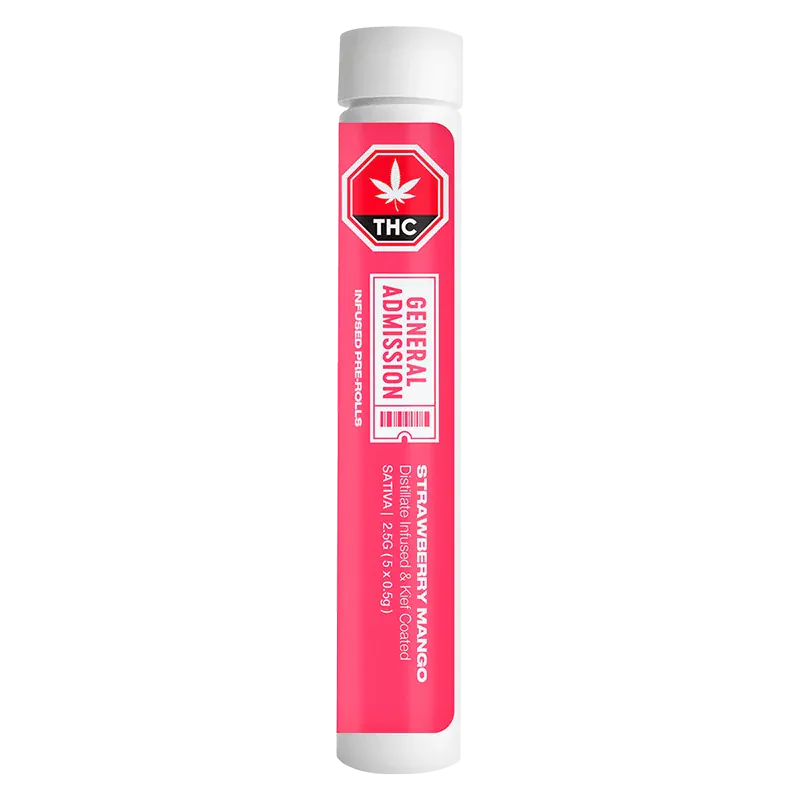 Tall vertical shot of the Strawberry Mango Distillate Infused PR 5 x 0.5 g tube with bright pink label and white cap centered on a white background