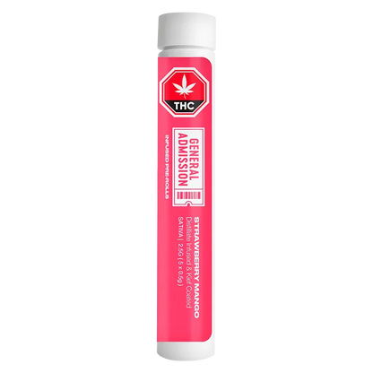 Tall vertical shot of the Strawberry Mango Distillate Infused PR 5 x 0.5 g tube with bright pink label and white cap centered on a white background