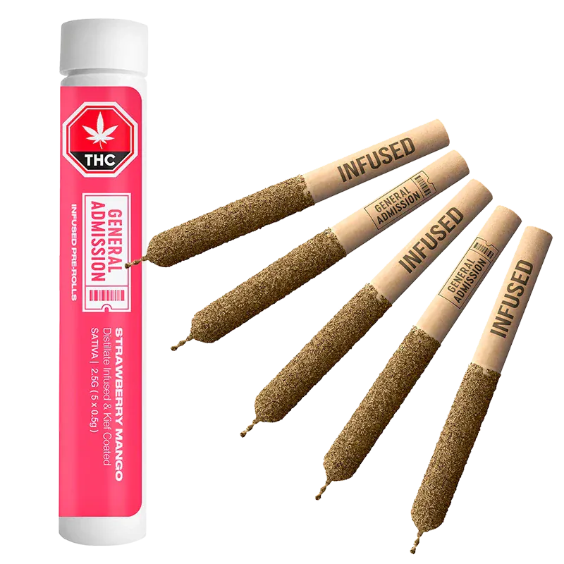 Angled view of four cone-shaped joints and a pink tube labeled Strawberry Mango Distillate Infused PR 5 x 0.5 g, shown on a white background.