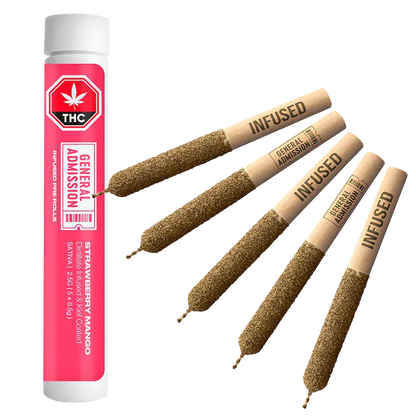 Angled view of four cone-shaped joints and a pink tube labeled Strawberry Mango Distillate Infused PR 5 x 0.5 g, shown on a white background.