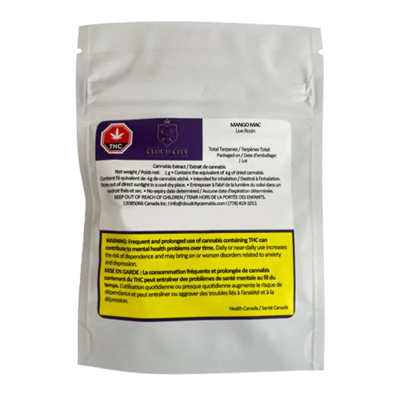 Front-facing shot of a white foil pouch labeled "Mango Mac Live Rosin" with purple branding and a yellow warning panel at the bottom.
