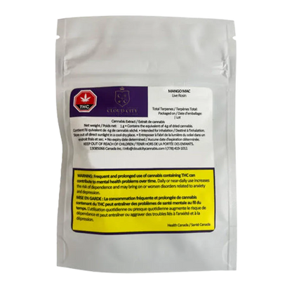 Front-facing shot of a white foil pouch labeled "Mango Mac Live Rosin" with purple branding and a yellow warning panel at the bottom.