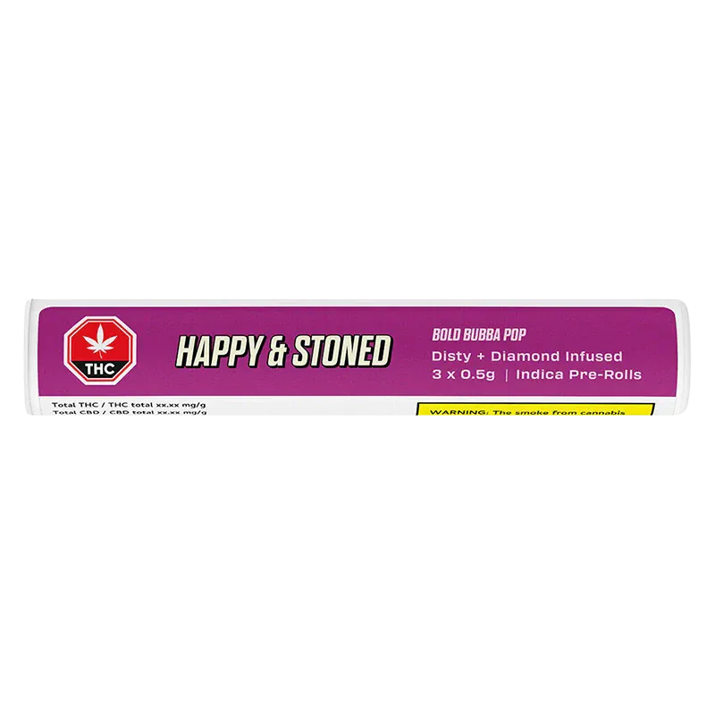 Horizontal close-up of the purple-labeled Bold Bubba Pop Disty + Diamond Infused PR 3 x 0.5 g tube showing "HAPPY & STONED" text and a red THC symbol.