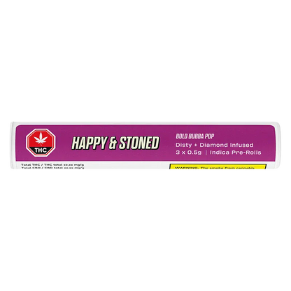 Horizontal close-up of the purple-labeled Bold Bubba Pop Disty + Diamond Infused PR 3 x 0.5 g tube showing "HAPPY & STONED" text and a red THC symbol.