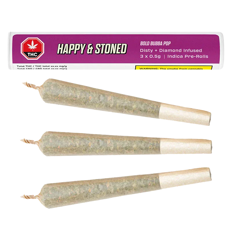 Top-down view of three cone-shaped pre-rolls beside a purple tube labeled Bold Bubba Pop Disty + Diamond Infused PR 3 x 0.5 g.