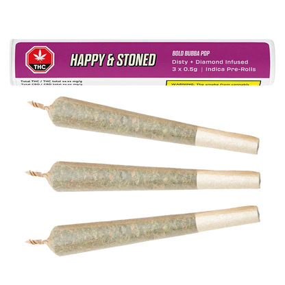 Top-down view of three cone-shaped pre-rolls beside a purple tube labeled Bold Bubba Pop Disty + Diamond Infused PR 3 x 0.5 g.