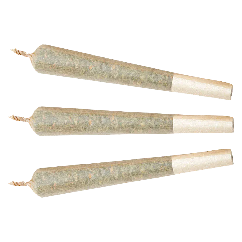Top-down view of three twisted-end pre-rolls arranged horizontally, labeled Bold Bubba Pop Disty + Diamond Infused PR 3 x 0.5 g.