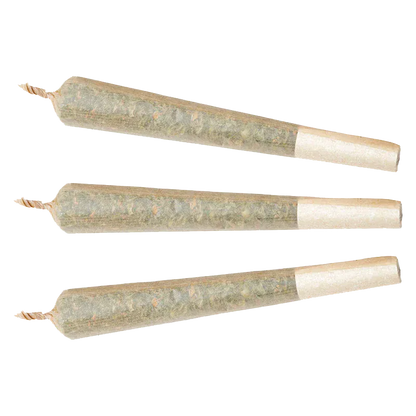 Top-down view of three twisted-end pre-rolls arranged horizontally, labeled Bold Bubba Pop Disty + Diamond Infused PR 3 x 0.5 g.