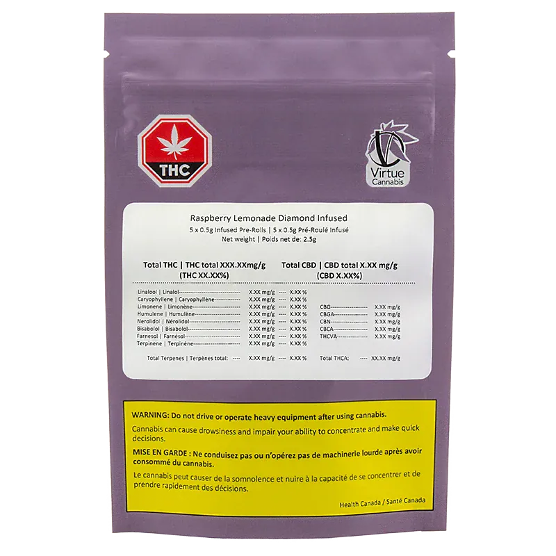Rear view of the purple pouch labeled Raspberry Lemonade Diamond Infused PR 1 x 2.5 g with a white nutrition panel, THC octagon, and yellow warning box.