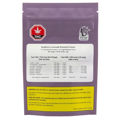 Rear view of the purple pouch labeled Raspberry Lemonade Diamond Infused PR 1 x 2.5 g with a white nutrition panel, THC octagon, and yellow warning box.