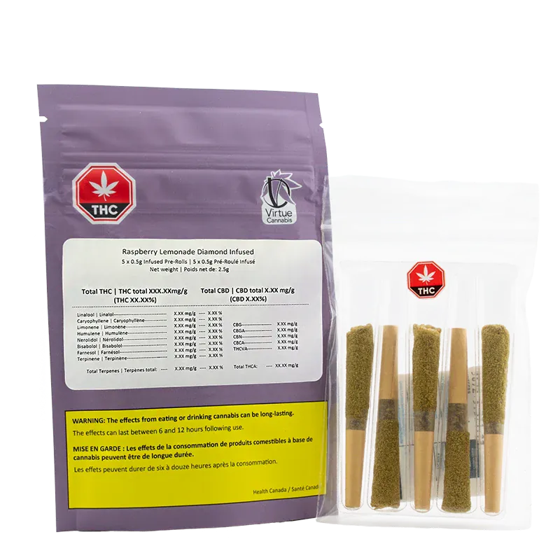 Front-facing shot of a purple pouch and clear tray holding five coated pre-rolls labeled Raspberry Lemonade Diamond Infused PR 1 x 2.5 g.