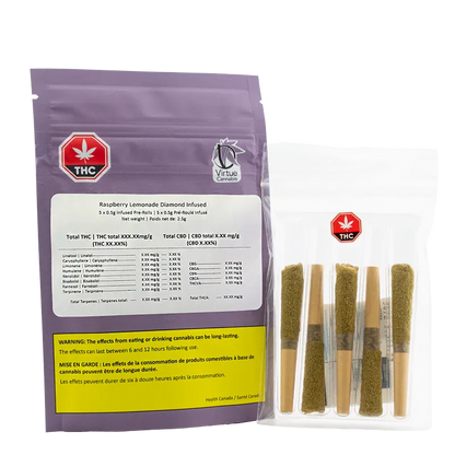 Front-facing shot of a purple pouch and clear tray holding five coated pre-rolls labeled Raspberry Lemonade Diamond Infused PR 1 x 2.5 g.