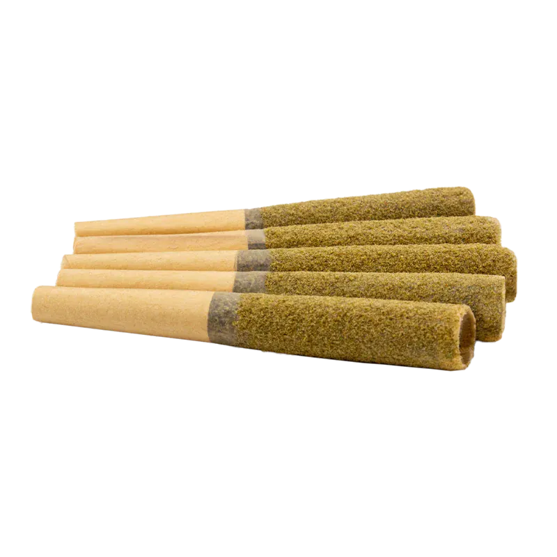 Low-angle close-up of six Raspberry Lemonade Diamond Infused PR 1 x 2.5 g cones laid side by side showing textured greenish coating and brown paper tips