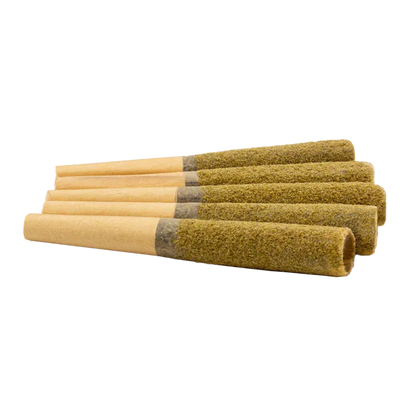 Low-angle close-up of six Raspberry Lemonade Diamond Infused PR 1 x 2.5 g cones laid side by side showing textured greenish coating and brown paper tips