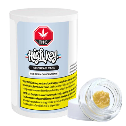 White background product shot of a jar and open glass container of I.C.C. Live Resin showing a pale yellow concentrate and a blue-labeled tub reading "High Key Ice Cream Cake."