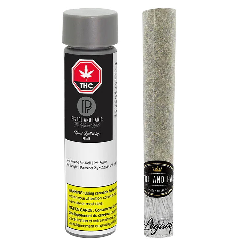 Vertical product shot of a Hash Hole Infused PR 1 x 2.25 g pre-roll tube and matching joint standing side by side on a white background.