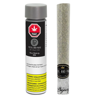Vertical product shot of a Hash Hole Infused PR 1 x 2.25 g pre-roll tube and matching joint standing side by side on a white background.