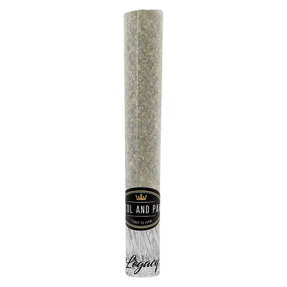 Tall vertical studio shot of the Hash Hole Infused PR 1 x 2.25 g pre-roll tube with a textured gray fill and black-and-gold label near the base.
