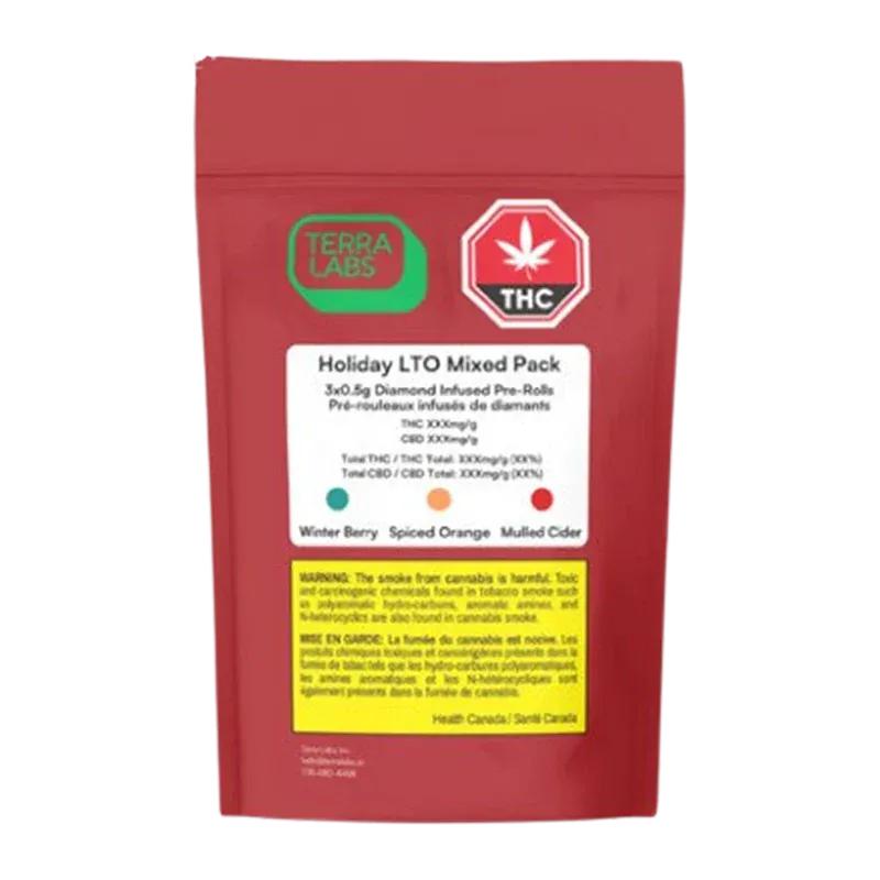 Front-facing red pouch labeled "Holiday Mixed Pack Diamond Infused PR 3 x 0.5 g" with white product label, Terra Labs logo, and THC symbol centered.
