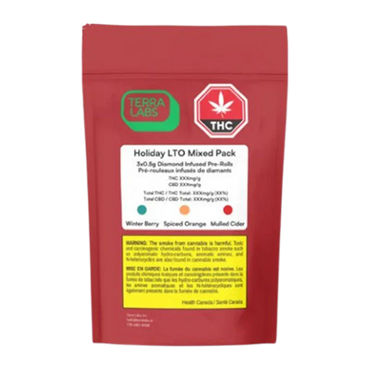 Front-facing red pouch labeled "Holiday Mixed Pack Diamond Infused PR 3 x 0.5 g" with white product label, Terra Labs logo, and THC symbol centered.