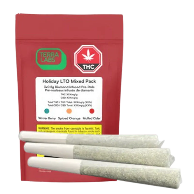 Front-facing red pouch with three white-tipped pre-rolls arranged in a row in front of the Holiday Mixed Pack Diamond Infused PR 3 x 0.5 g packaging.