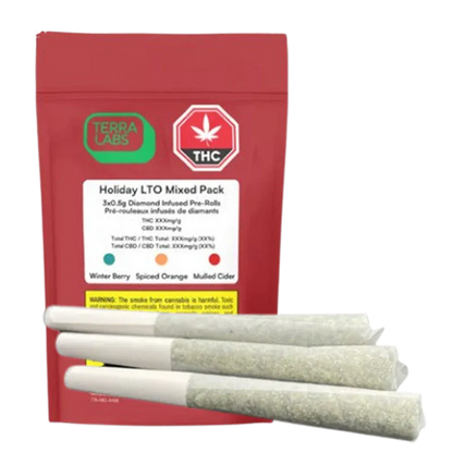 Front-facing red pouch with three white-tipped pre-rolls arranged in a row in front of the Holiday Mixed Pack Diamond Infused PR 3 x 0.5 g packaging.