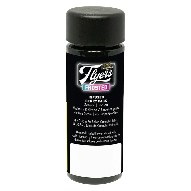 Centered front view of a black cylindrical container labeled "Frosted Flyers Berry Pack Infused PR 8 x 0.35 g" against a white background.