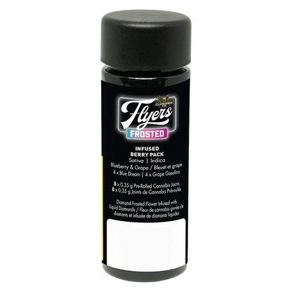 Centered front view of a black cylindrical container labeled "Frosted Flyers Berry Pack Infused PR 8 x 0.35 g" against a white background.