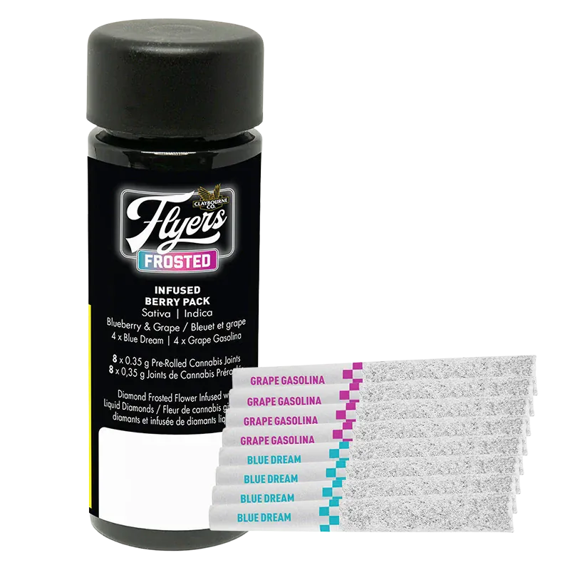 Front view of a black canister and eight frosted prerolled cones labeled as a Frosted Flyers Berry Pack Infused PR 8 x 0.35 g.