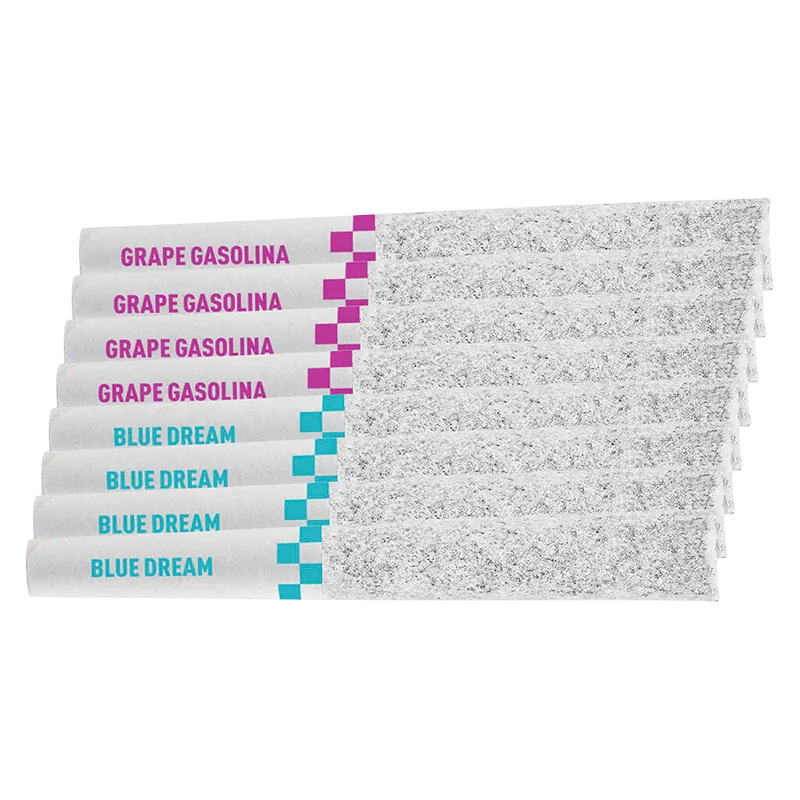 Stacked horizontal view of Frosted Flyers Berry Pack Infused PR 8 x 0.35 g pre-rolls with labeled white tips reading "GRAPE GASOLINA" and "BLUE DREAM" against a white background