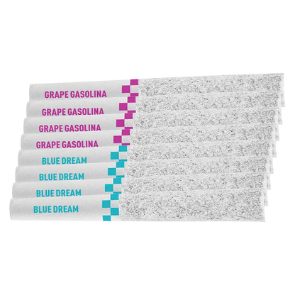 Stacked horizontal view of Frosted Flyers Berry Pack Infused PR 8 x 0.35 g pre-rolls with labeled white tips reading "GRAPE GASOLINA" and "BLUE DREAM" against a white background